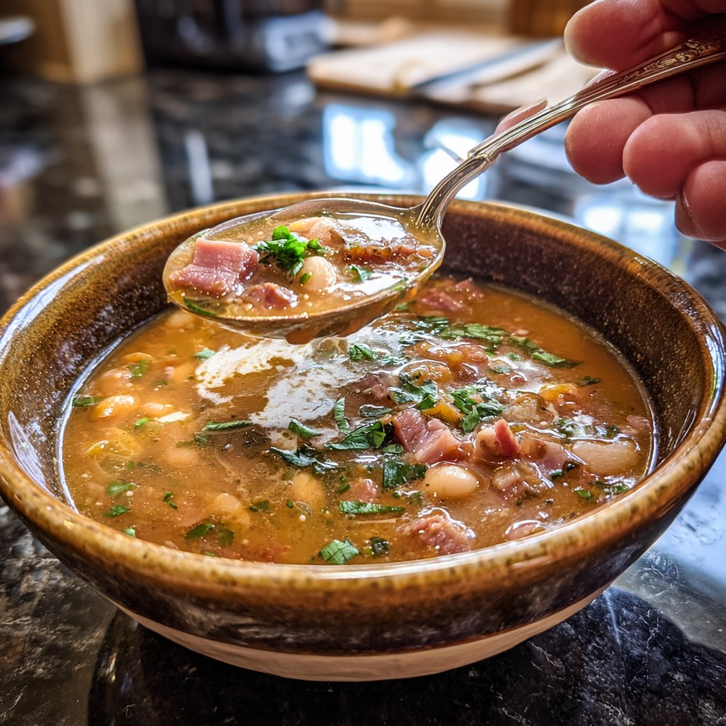 Ham and Bean Soup with Garlic Cream